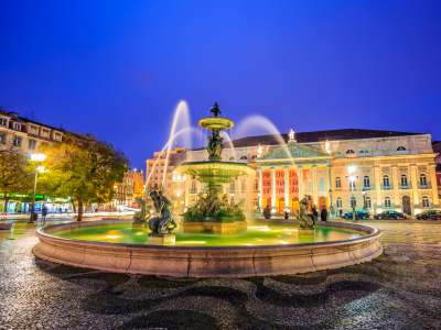 Rossio square, fountain and National theatre of Maria, Lisbon Portugal. A beautiful backdrop for a Portugal destination wedding.